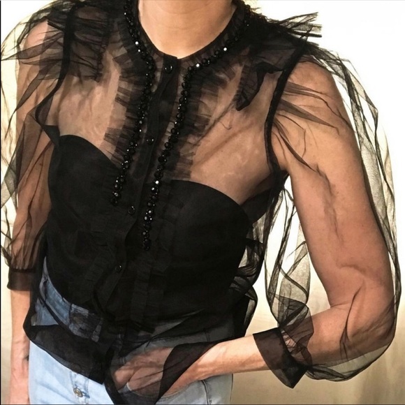 Simone Rocha x H&M Puff Sleeved Black Tulle Blouse - Picture 2 of 16